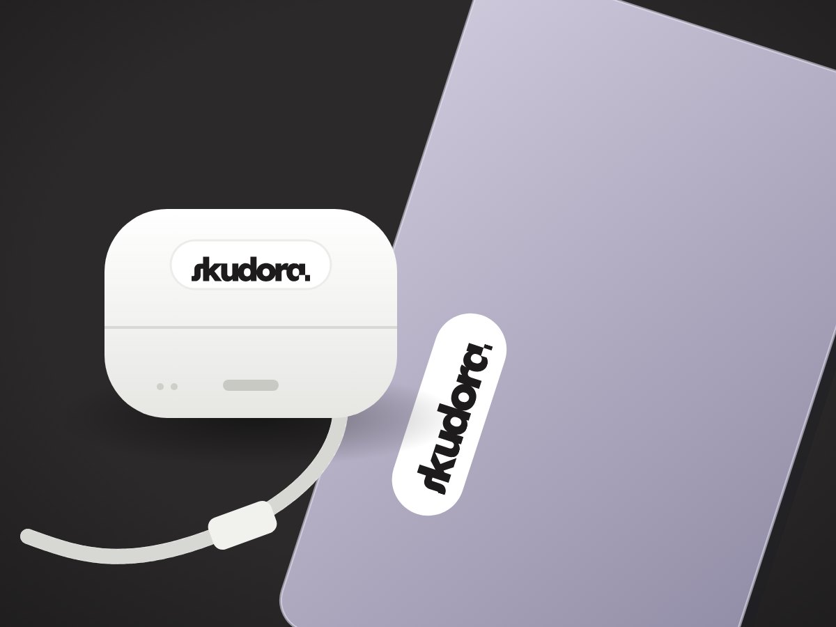 Illustration of Skudora stickers on an earbud case and a laptop.
