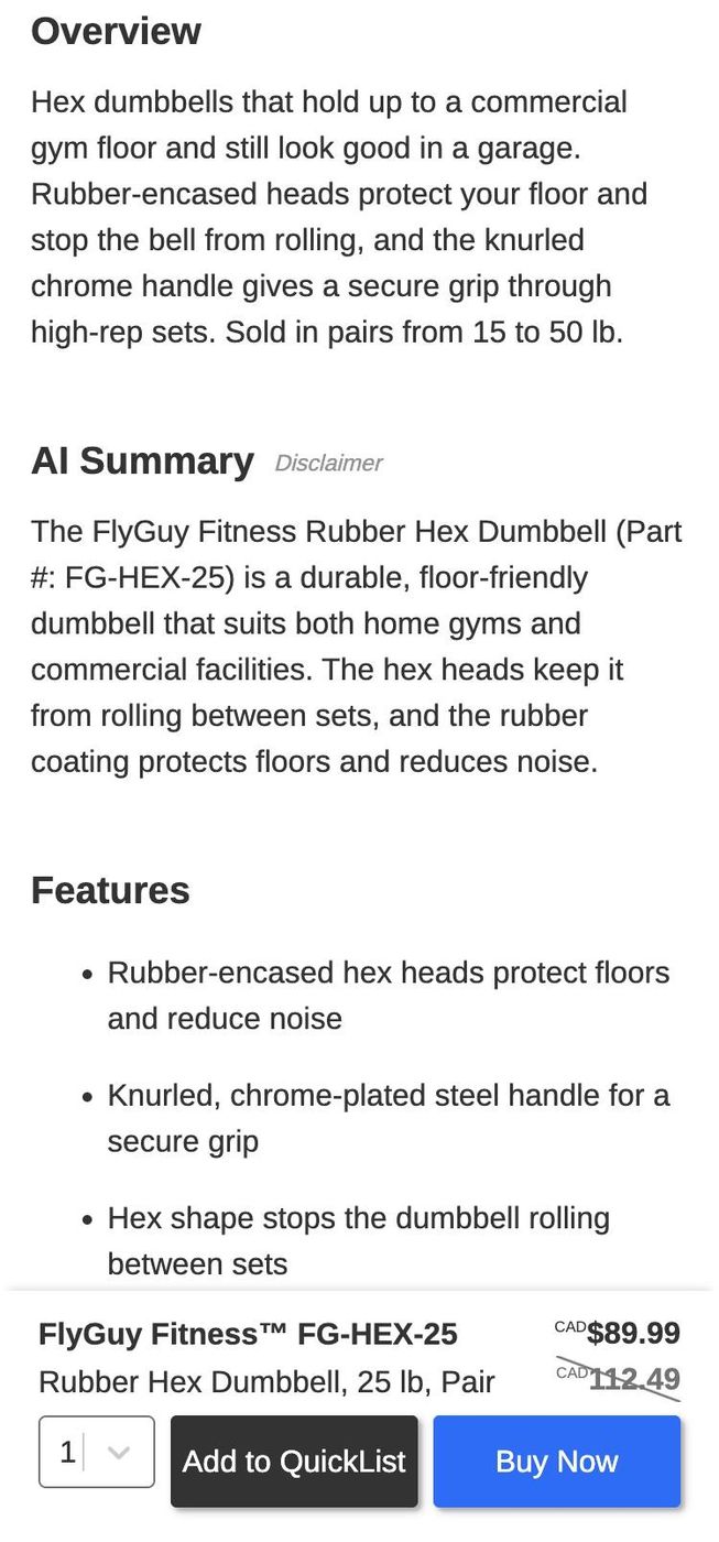 Product page showing an AI-written summary on a phone