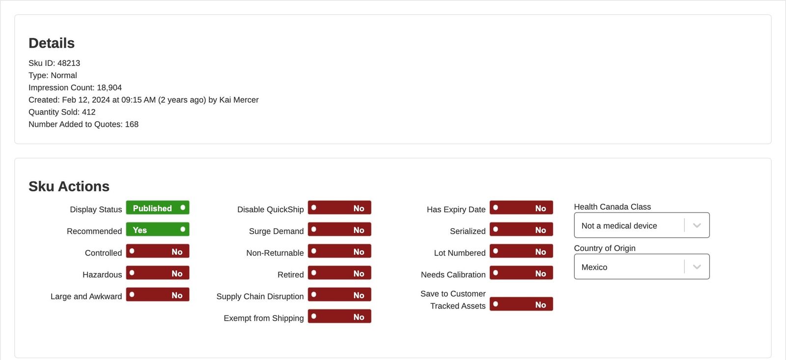 Admin product flags panel